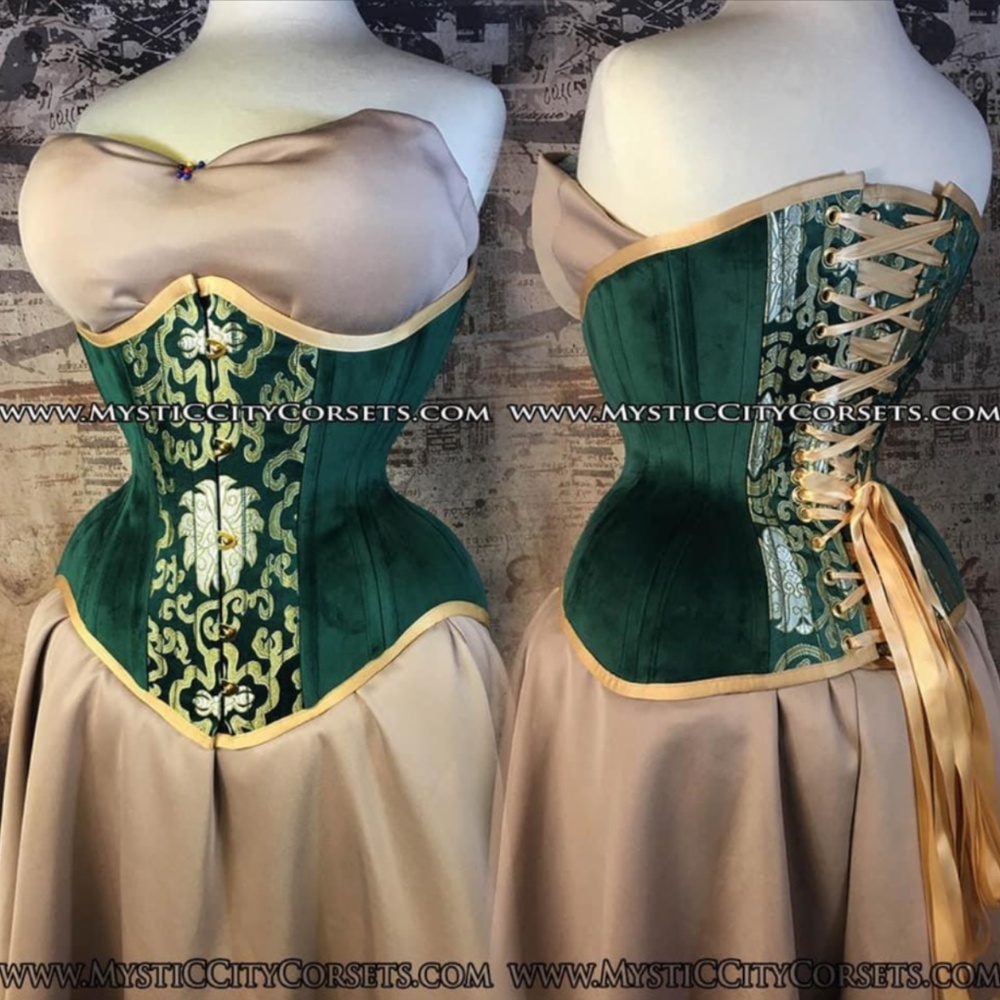 Mystic City Emerald Green Brocade Overbust Corset with Gold Trim